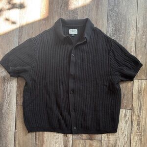 American Eagle Outfitters Charcoal Knit Button-Front Top short sleeve